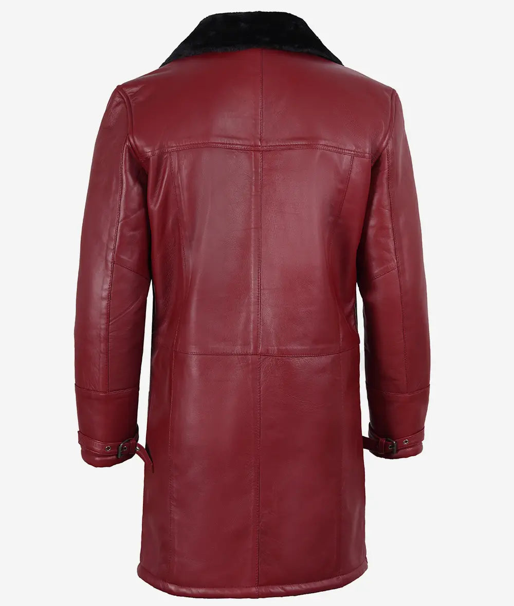 Men's Maroon Lambskin Leather Overcoat – Black Shearling Trim