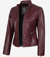 Women's Burgundy Leather Jacket Biker Style