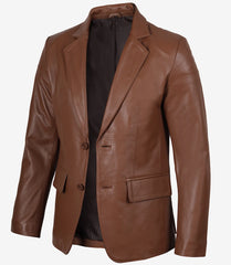 Men's Cognac Real Leather Blazer with Two Buttons & Notch Lapel