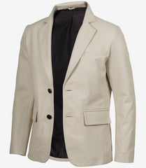 Men's Off White Real Leather Blazer with Two Buttons and Notch Lapel