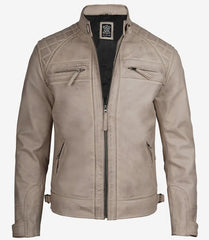 Men's Genuine Leather Biker Jacket in Warm Beige