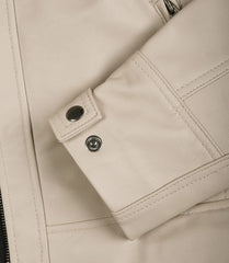 Men's Beige Leather Biker Jacket with Quilted Shoulders