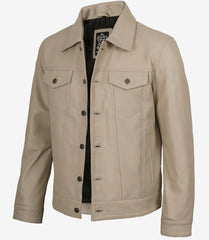 Men's Beige Lambskin Leather Trucker Jacket