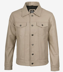 Men's Beige Lambskin Leather Trucker Jacket