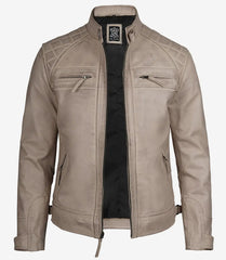 Men's Genuine Leather Biker Jacket in Warm Beige
