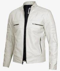 Men's Off White Leather Jacket in Biker Style