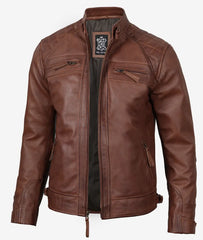 Men's Biker Leather Jacket in Cognac with Quilted Shoulders