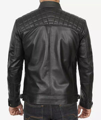 Men's Tall Black Leather Biker Jacket with Quilted Shoulders