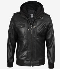 Men's Tall Black Leather Bomber Jacket with Detachable Hood