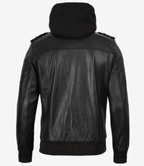 Men's Tall Black Leather Bomber Jacket with Detachable Hood