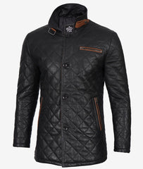 Men's Black Leather Car Coat with Diamond Quilting and Brown Detailing