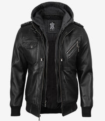 Men's Black Leather Jacket with Grey Hood