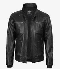 Men's Black Real Leather Bomber Jacket with Detachable Hood
