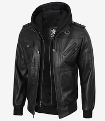Men's Tall Black Leather Bomber Jacket with Detachable Hood