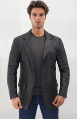 Men's Black Lambskin Leather Blazer with Notch Lapel and Two Buttons