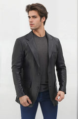 Men's Black Lambskin Leather Blazer with Notch Lapel and Two Buttons