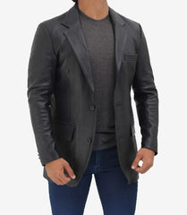 Men's Black Lambskin Leather Blazer with Notch Lapel and Two Buttons