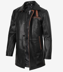 Men's 3/4-Length Black Leather Coat with Brown Detail