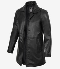 Men's Black Leather Car Coat in a 3/4 Length Cut