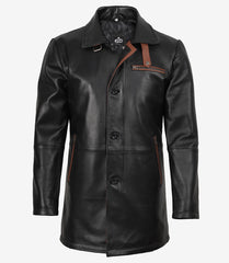 Men's 3/4-Length Black Leather Coat with Brown Detail
