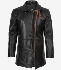 Men's 3/4-Length Black Leather Coat with Brown Detail