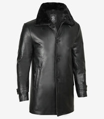 Mens Classic Fit Leather Coat with Faux Shearling Collar