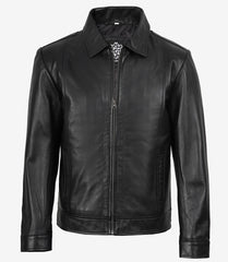 Reeves Men's Black Leather Harrington Jacket with Shirt Collar