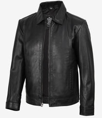 Reeves Men's Black Leather Harrington Jacket with Shirt Collar