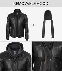 Men's Black Real Leather Bomber Jacket with Detachable Hood