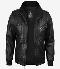 Men's Black Leather Jacket with Grey Hood