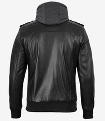 Men's Black Leather Jacket with Grey Hood