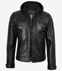 Men's Black Leather Jacket with Detachable Hoodie