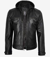 Men's Black Leather Jacket with Detachable Hoodie