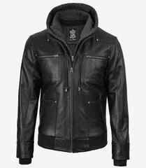 Men's Black Real Leather Bomber Jacket with Detachable Hood