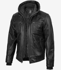 Men's Black Real Leather Bomber Jacket with Detachable Hood