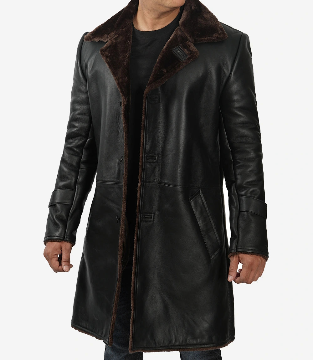 Mens Black Leather 3/4 Length Shearling Coat for Winter Essential