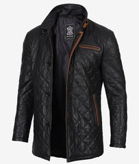 Men's Black Leather Car Coat with Diamond Quilting and Brown Detailing
