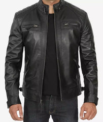 Men's Tall Black Leather Biker Jacket with Quilted Shoulders