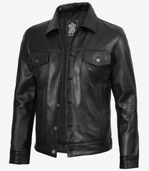 Men's Black Leather Trucker Jacket Designed with Four Functional Pockets