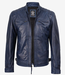 Men's Blue Waxed Biker Jacket with Quilted Shoulders