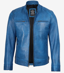 Men's Distressed Blue Leather Biker Jacket