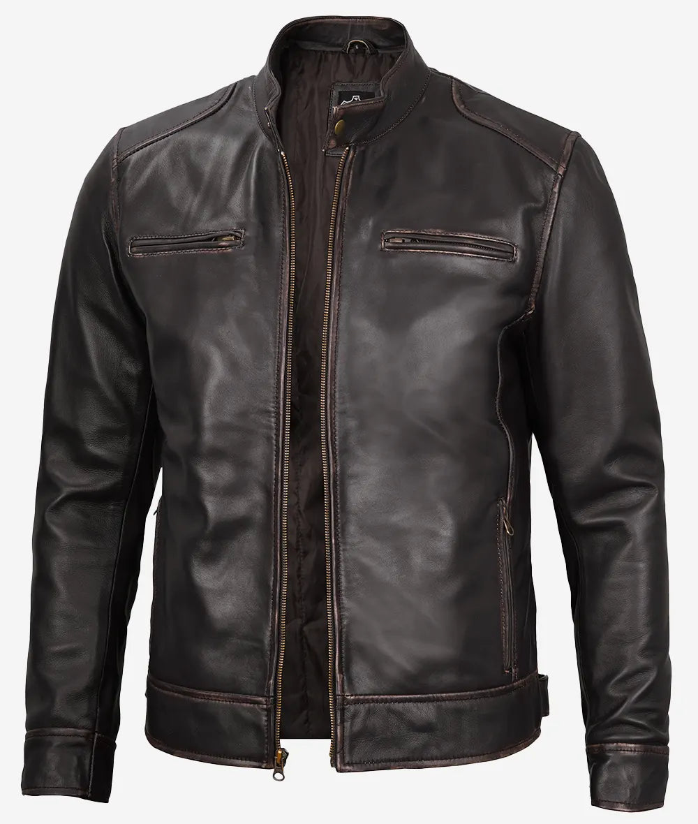 Men's Distressed Brown Cafe Racer Leather Jacket