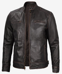 Men's Distressed Brown Cafe Racer Leather Jacket