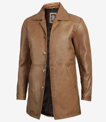 Men's Tall Camel Brown Leather Coat in 3/4 Length