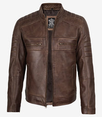Men's Coffee Brown Distressed Leather Biker Jacket