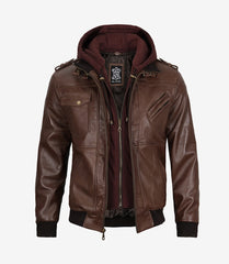 Men's Dark Brown Leather Bomber Jacket with Hood