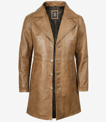 Men's Camel Brown Real Leather Coat in a Three-Quarter Length