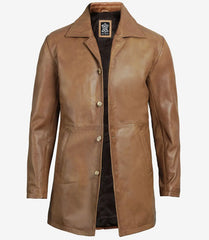Men's Tall Camel Brown Leather Coat in 3/4 Length