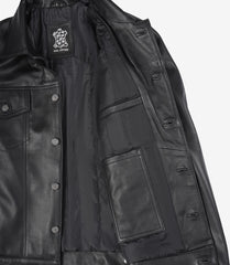 Men's Black Leather Trucker Jacket Designed with Four Functional Pockets