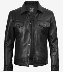 Men's Black Leather Trucker Jacket Designed with Four Functional Pockets